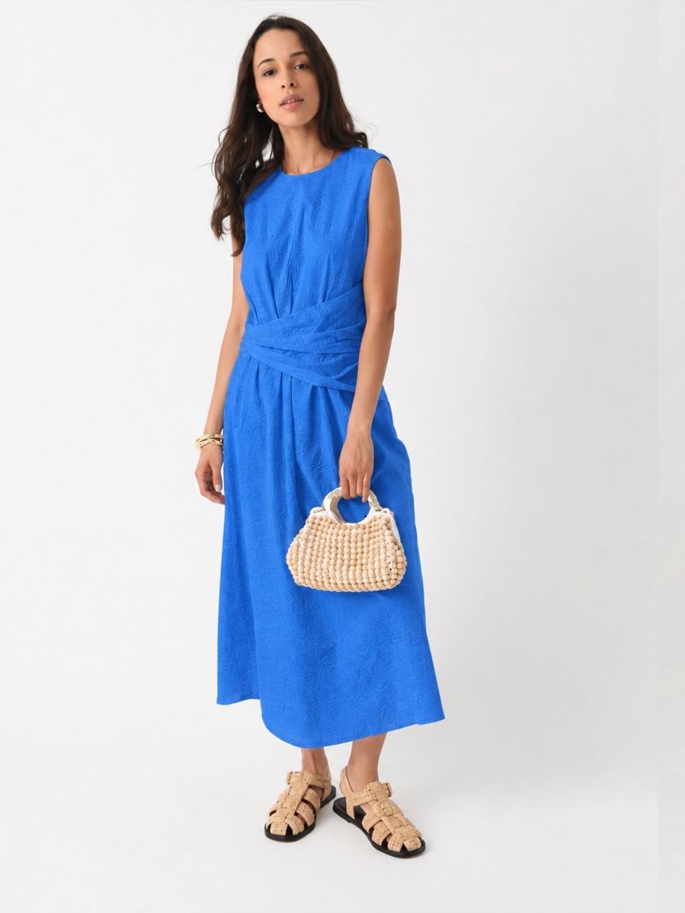 FRAME Ruched Sleeveless Cotton Midi Dress Size Medium Coastal Blue Draped Waist
